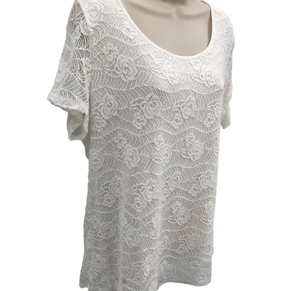 NWT Leo & Nicole Womens White Lace Scoop Neck Short Sheer Lace Sleeve Size XL - Picture 2 of 10
